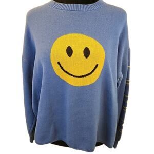 Social Scene Sz XL Women's Cotton Blend Smiley Face Blue Yellow Sweater HAPPY
